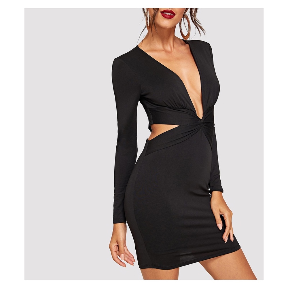 Black Bodycon Front Twist Cocktail Short Dress - Picture 4 of 5